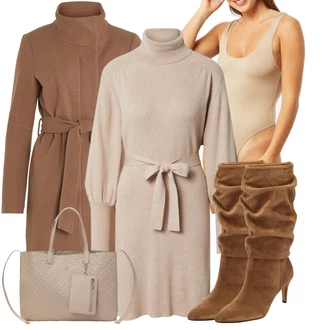 Stojáček Outfit s Hnědá/Šedá/Béžová/Khaki Přechodový Kabát/Zimní Kabát Vlněný kabát/Midi Kabát/Trenčkot/Kašmírový Kabát/Vlněný Fleecový Kabát/Lodenový kabát/Kabát s Úzkým Střihem Vila "Outfit na podzim"