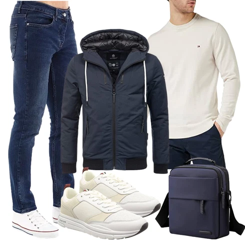 Elegant Khaki/Beige/Weiß Hoodie Damen Pullover/Kaschmir Pullover/Sport Sweatshirt/Pullover mit Stehkragen Tommy Hilfiger kombinierenLook: Elegant, Classic, Schlichte, Büro, Schön, Maritim, Smart Casual, Skater, Preppy, Nahtlos