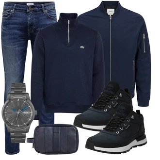 Outfits für Mollige Büro mit Dunkelblau/Hellblau Bomberjacke/Stehkragen-Strickjacke/Strickjacke Gefüttert/Baumwoll Strickjacke/Nachhaltige Jacke/Frühlingsjacke/Sommerjacke/Jacke mit Seitlichem Reißverschluss/Uniformjacke/Kastenjacke Jack & Jones "Freizeit Outfit"Look: Uni, Büro, Maritim, Moderne, Workwear