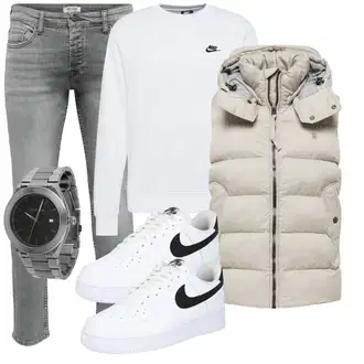 Strick Outfit mit Weiß/Grau/Creme Sweatmode/Sport Sweatshirt/Damen Pullover/Women's Fleece Sweatshirts/Lederjacke Nike Sportswear "Freizeit Outfit"