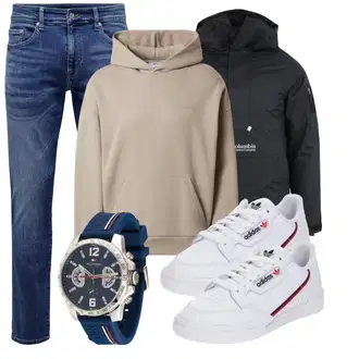 Outfit mit Beige/Grau/Braun/Khaki Ausgefallener Hoodie/Hoodie/Strick Hoodie/Oversize Hoodie/Sport Hoodie/Sweatshirt/Unisex Hoodie/Vintage Hoodie DAN FOX APPAREL "Freizeit Outfit"