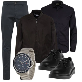 Outfit mit Schwarz/Dunkelblau Bluse Große Größe/Business Hemd/Businesshemd/Hemdbluse/Casual Hemd Jack & Jones "Freizeit Outfit"