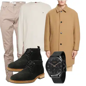 30er Jahre Outfit mit Dunkelgrün/Braun/Beige/Rosa/Schwarz/Gold Armbanduhr/Uhrwerkzeug/Kettenuhr/Smartwatch Boss "Freizeit Outfit"Look: 30er Jahre, Premium, Elegant, Unisex, Boho, Retro, Sportlich, 40er Jahre, 50er Jahre, Classic, Bohemian, Metal