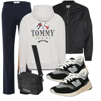 Outfit mit Schwarz/Weiß/Braun/Dunkelgrün/Orange Mannstasche/Tragetasche/Schultertasche Tommy Hilfiger "Freizeit Outfit"