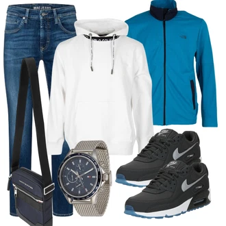Jeans Outfits mit Dunkelblau/Blau/Hellblau Schultertasche/Gürteltasche/Tragetasche/Mannstasche Tommy Hilfiger "Freizeit Outfit"