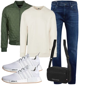 Outfits für Mollige Frühling mit Dunkelgrün/Grün Steppjacke/Kunstfaserjacke/Wendejacke/Nylonjacke/Bomberjacke/Unkategorisiert Urban Classics, Blau/Dunkelblau Hose Große Größe G-Star Raw "Freizeit Outfit"
