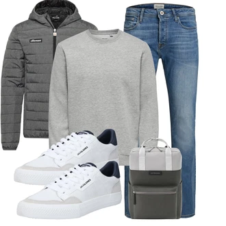 Motorrad Outfit mit Grau/Hellgrau/Dunkelgrau Steppjacke/Kapuzenjacke/Isolationsjacke/Kunstfaserjacke/Thermojacke/Strickjacke Gefüttert/Stehkragen-Strickjacke/Winter Strickjacke/Wolle Strickjacke Ellesse "Freizeit Outfit"Look: Motorrad, Wandern, Rugby