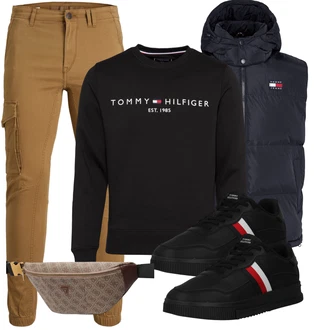 90er Outfit mit Schwarz/Silber/Mischfarben Große Größe Sweatmode/Damen Pullover/Sport Sweatshirt Tommy Hilfiger "Freizeit Outfit"Look: Rad, Skater, 80er, Zuhause, 90er, Militär, Hipster