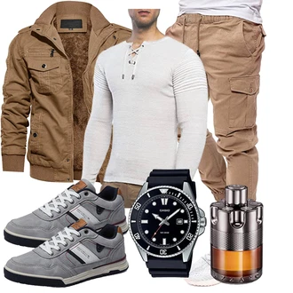 Outfit mit Beige/Khaki Boyfriend Hose/Jogger Hose/Freizeithose/Cargo-Jogginghose/Kurze Hose/Capri/Cargohose/Cargo Short PITTMAN "Freizeit Outfit"