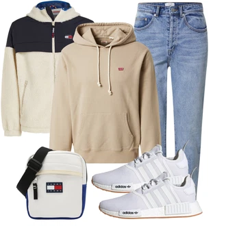 Outfit mit HellBlau/Blau Mom Jean/High Waist Jeans/Girlfriend Jeans/Dad Jeans/Tapered-Jeans/Boyfriend Jean/Cropped Jeans/Vintage Jeans/Jeans mit Schlitz/Winterjacke DAN FOX APPAREL "Freizeit Outfit"