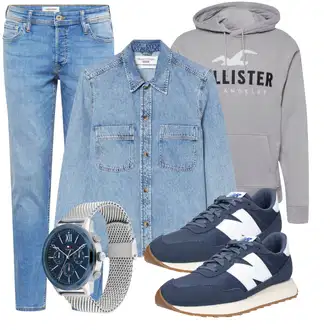 Retro Outfit mit Blau/Hellblau/Dunkelblau Leder Sneaker/Sneaker Low/Schmaler Sneaker/Sommer Sneaker/Vintage Sneaker/Walkingschuh New Balance "Freizeit Outfit"Look: Casual, Sportlich, Retro, Smart Casual
