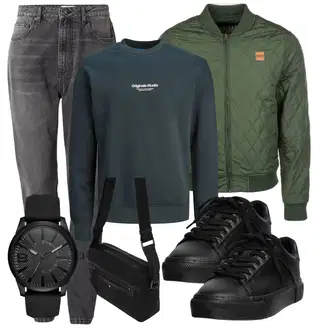 Outfit mit Schwarz Schuh Leder Sneaker/Sneaker Low/Plateau-Sneaker/Schmaler Sneaker/vegane Schuhe Pull&Bear "Freizeit Outfit"