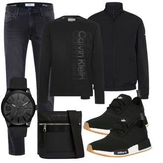 Jeans Outfits mit Schwarz/Grau/Dunkelgrau Schultertasche/Tragetasche/Mannstasche Tommy Hilfiger "Freizeit Outfit"