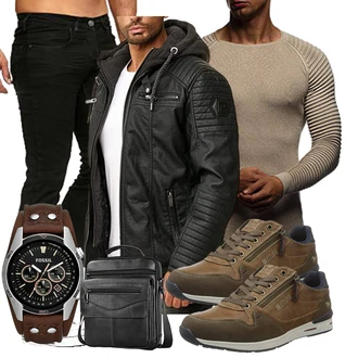 Outfit mit Schwarz/Dunkelgrau Jacke mit Seitlichem Reißverschluss/KunstLederjacke/Bikerjacke/Motorradjacke/Lederjacke Redbridge "Freizeit Outfit"