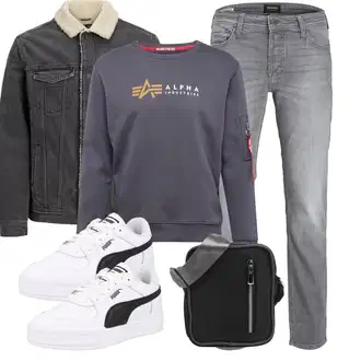 Schlichte Outfit mit Hellgrau/Grau Straight Leg Jean/Slim Fit Jeans/Tapered-Jeans/Regular-Fit Jeans/Damen 7/8-Länge Jeans/Low Rise Jean/Sportschuhe/Girlfriend Jeans/Winterjacke/Leder Schuhe/Formelles Hemd Jack & Jones "Freizeit Outfit"Look: Uni, Classic, Smart Casual, Old Money, Premium, Schlichte
