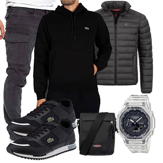 Outfit mit Schwarz Kapuzenpullover/Unisex Hoodie/Sport Sweatshirt/Hoodie/Strick Hoodie/Sport Hoodie/Ausgefallener Hoodie/Half-zip Hoodie Lacoste "Freizeit Outfit"