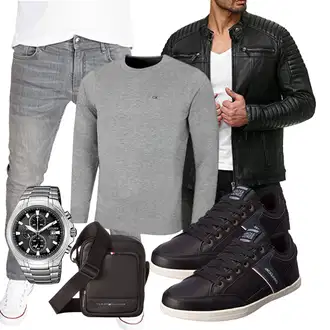Party Outfits mit Schwarz Jacke mit Seitlichem Reißverschluss/Motorradjacke/Bikerjacke/Leder Bomberjacke/Kunstlederjacke/Lederjacke Redbridge, Schwarz Unkategorisiert Jack & Jones, Schwarz Unkategorisiert Tommy Hilfiger "Freizeit Outfit"