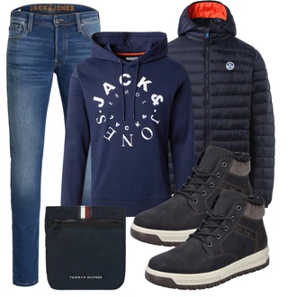 Logoprint Outfit mit Dunkelblau Ausgefallener Hoodie/Sport Hoodie/Hoodie/Sport Sweatshirt/Unisex Hoodie Jack & Jones "Freizeit Outfit"