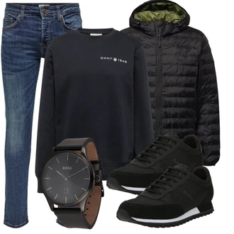 Outfit mit Schwarz/Hellblau/Dunkelblau Women's Fleece Sweatshirts/Lederjacke/Sport Sweatshirt GANT "Freizeit Outfit"