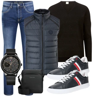 Outfit mit Schwarz/Weiß/Creme/Rot/Dunkelgrün/Dunkelrot/Dunkelblau Leder Sneaker/Schmaler Sneaker/Vintage Sneaker/Sneaker Low Tommy Hilfiger "Freizeit Outfit"