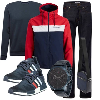 Outfit mit Dunkelblau/Rot/Dunkelrot Jeans Herren Lederjacke/ThermoJeans/Straight Leg Jean/Regular-Fit Jeans/Winterjacke/Low Rise Jean/Wide Leg Jean/Sportschuhe/T-Shirt Tommy Jeans "Freizeit Outfit"