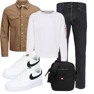 Outfit mit Schwarz/Dunkelgrau/Grau/Dunkelblau Tapered-Jeans/Dad Jeans/ThermoJeans/Vintage Jeans/Mom Jean/Winterjacke/Slim Fit Jeans/Jeans mit Schlitz/Regular-Fit Jeans/Straight Leg Jean Jack & Jones "Freizeit Outfit"