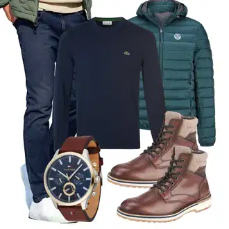 Outfit mit Dunkelblau Kaschmir Pullover/Wollpullover/Polo-Pullover/Rollkragenpullover/Thermo Pullover/Einfacher Pullover/Rundhals Pullover/Basic Pullover/Feinstrickpullover Lacoste "Freizeit Outfit"