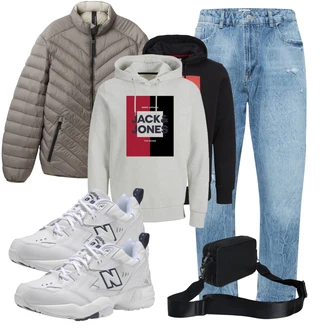 Laufen Outfit mit Hellblau/Blau Boyfriend Jean/Dad Jeans/Baggy Jeans/Girlfriend Jeans/Mom Jean/Jeans mit Loch/Loose fit Jeans/Vintage Jeans/Formelles Hemd/Lederjacke About You "Freizeit Outfit"Look: Freizeit, Laufen, Cricket