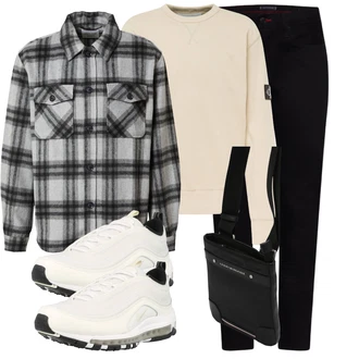 Unisex Outfit mit Schwarz Hose Große Größe/Thermojeans/Slim Fit Jeans/Straight Leg Jean/Leder Schuhe/Regular-Fit Jeans/Winterjacke/Tapered-Jeans/Herren Lederjacke/High Waist Jeans/Lederjacke/Biker Jeans Tommy Hilfiger "Freizeit Outfit"Look: Uni, Lack, Outdoor, Coole, Premium, Unisex, Elegant, Schlichte, Smart Casual