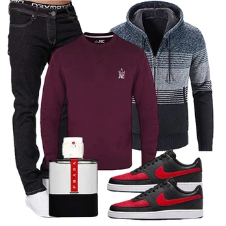 Outfit mit Bordeaux/Dunkelrot Vintage Pullover/Winterpullover/Einfacher Pullover/Thermo Pullover/Wollpullover/Basic Pullover/Feinstrickpullover/Polo-Pullover/Kaschmir Pullover/Pullover mit Stehkragen/Pullover Mit V-ausschnitt/Damen Pullover/Women's Fleece Sweatshirts/Sport Sweatshirt JRC Just Royal Clothing "Freizeit Outfit"