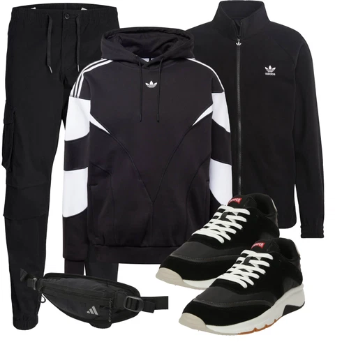 Baggy Schwarz/Khaki/Dunkelblau CargoHose/Cargo-JoggingHose Jack & Jones kombinieren mit Schwarz Stehkragen-StrickJacke/StrickJacke Gefüttert/Vintage StrickJacke/Kaschmir-StrickJacke/Nachhaltige Jacke/SamtJacke/StrickfleeceJacke/LaufJacke/SportJacke Adidas Originals