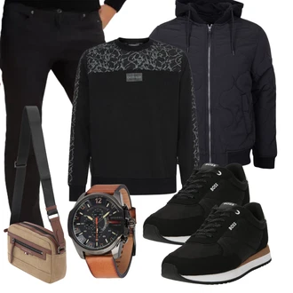 Motorrad Outfit mit Beige/Braun/Grün/Blau Accessoire Armbanduhr/Uhrwerkzeug/Mannstasche Diesel "Freizeit Outfit"Look: Motorrad, Fußball