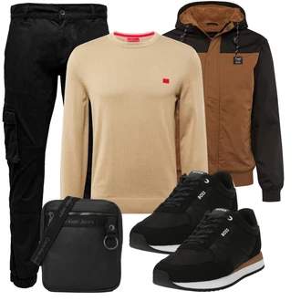 Outfit mit Schwarz/Khaki Cargohose/Cargo-Jogginghose/Funktionshose/Motorradhose Only & Sons "Freizeit Outfit"