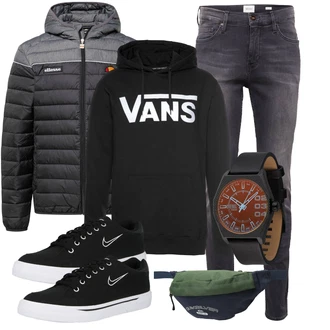Outfit mit Dunkelgrau/Grau/Hellgrau/Dunkelblau Biker Jeans/Lederjacke/Slim Fit Jeans/Winterjacke/Leder Schuhe/ThermoJeans/Herren Lederjacke/Jeans mit Schlitz Mustang "Freizeit Outfit"