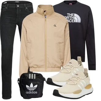 Outfit mit Schwarz/Hellgrau/Grau/Dunkelgrau Damen 7/8-Länge Jeans/Low Rise Jean/Push up Jeans/Regular-Fit Jeans/Lederjacke/Slim Fit Jeans/Leder Schuhe/Thermojeans/Winterjacke Jack & Jones "Freizeit Outfit"