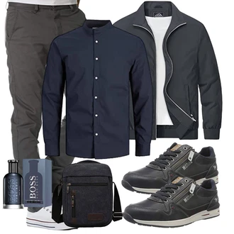 Outfit mit Dunkelblau Blusenoberteil/Langarm-Shirt/T-Shirt mit 3/4-Ärmel/Hemdoberteil/Bügelfreies Hemd/Casual Hemd/Hemdbluse/Businesshemd/Business Hemd Jack & Jones "Freizeit Outfit"