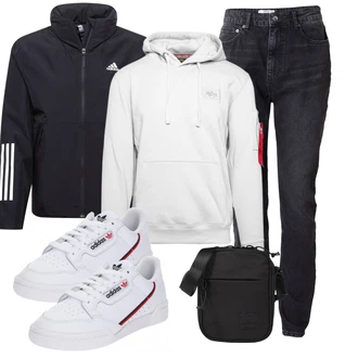Outfit mit Schwarz/Dunkelgrau/Dunkelblau/Grau Winterjacke/Biker Jeans/Girlfriend Jeans/Thermojeans/Tapered-Jeans/Slim Fit Jeans/High Waist Jeans/Jeans mit Schlitz/Herren Lederjacke/Straight Leg Jean about you x jaime lorente "Freizeit Outfit"