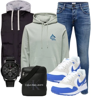 Retro Outfit mit Blau/Hellblau Lederjacke/Push up Jeans/Knöchelstiefel/Slim Fit Jeans/Leder Schuhe/Damen 7/8-Länge Jeans/Jeans mit Schlitz/Low Rise Jean/Schlupfjeans/Winterjacke/Thermojeans/Biker Jeans Only & Sons "Freizeit Outfit"Look: Uni, Coole, Schlichte, Retro, Old Money, Classic, Schön