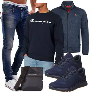 Outfit mit Dunkelblau/Beige Women's Fleece Sweatshirts/Lederjacke/Damen Pullover/Sport Sweatshirt Champion "Freizeit Outfit"