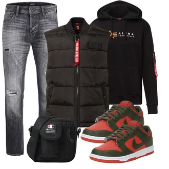 90er Outfit mit Schwarz/Dunkelbraun Parka Große Größe Alpha Industries "Freizeit Outfit"Look: Uni, Western, Rap, Workwear, Techno, 90er