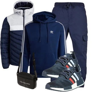 Vintage Outfit mit Dunkelblau/Blau Unisex Hoodie/Vintage Hoodie/Hoodie/Sport Sweatshirt/Ausgefallener Hoodie/Sport Hoodie Adidas Originals "Freizeit Outfit"Look: Classic, Hip Hop, Vintage, Sportlich, Skater, Unisex, Retro, Premium
