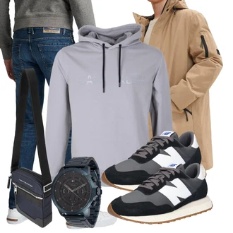 Logoprint Outfit mit Dunkelblau/Grau/Hellgrau/Dunkelgrau Sneaker Low/Vintage Sneaker/Leder Sneaker/Schmaler Sneaker/Sommer Sneaker New Balance "Freizeit Outfit"