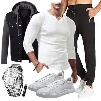 Party Outfits mit Schwarz JustSun, Schwarz/Dunkelblau/Dunkelgrau Herbstjacke/Wolljacke/Kapuzenjacke HASHOOB TRADING FZE "Freizeit Outfit"