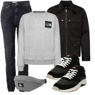 Outfit mit Schwarz/Dunkelgrau/Dunkelblau/Grau Winterjacke/Biker Jeans/Girlfriend Jeans/Thermojeans/Tapered-Jeans/Slim Fit Jeans/High Waist Jeans/Jeans mit Schlitz/Herren Lederjacke/Straight Leg Jean about you x jaime lorente "Freizeit Outfit"
