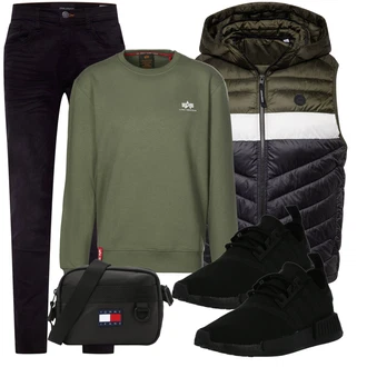 Outfit mit DunkelGrün/Grün/Khaki Sport Sweatshirt/Damen Pullover/Women's Fleece Sweatshirts/Pullover mit Stehkragen Alpha Industries "Freizeit Outfit"