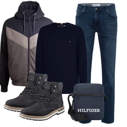 Dunkelblau/Blau Umhängetasche/Mannstasche/Schultertasche Tommy Hilfiger kombinieren mit Schwarz/Dunkelblau/Dunkelbraun Schnürstiefelette/Gefütterte Stiefelette/Wattierte Stiefel/Trekkingstiefel/Wasserdichter Stiefel/Wasserfester Schuh/Herren Lederschuhe/Winter Stiefelette/Winter Stiefel Rieker
