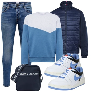 Retro Outfit mit Blau/Hellblau Lederjacke/Push up Jeans/Knöchelstiefel/Slim Fit Jeans/Leder Schuhe/Damen 7/8-Länge Jeans/Jeans mit Schlitz/Low Rise Jean/Schlupfjeans/Winterjacke/Thermojeans/Biker Jeans Only & Sons "Freizeit Outfit"Look: Uni, Coole, Schlichte, Retro, Old Money, Classic, Schön