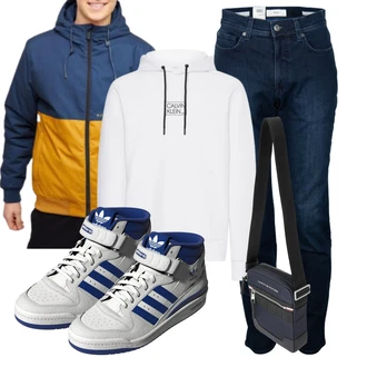 Jeans Outfits mit Grau/Blau/Hellblau/Hellgrau Skateschuh/Vintage Sneaker Adidas Originals, Dunkelblau/Blau/Hellblau Schultertasche/Gürteltasche/Tragetasche/Mannstasche Tommy Hilfiger "Freizeit Outfit"