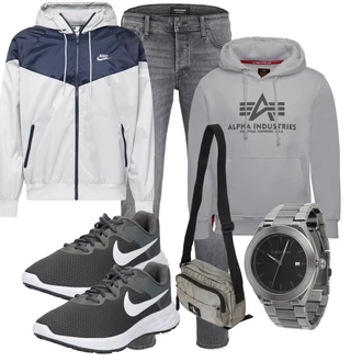 Outfit mit Dunkelgrau/Hellgrau/Grau Laufschuh/Joggingschuh/Gymnastikschuh/Fitnessschuh/Fitnessschuh Nike "Freizeit Outfit"