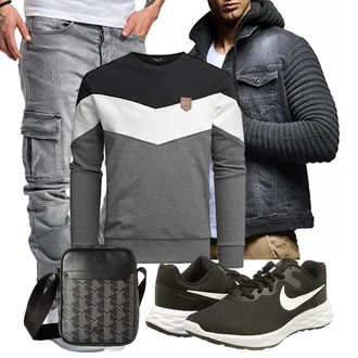 Outfit mit Grau/DunkelGrau/HellGrau/Silber Damen Pullover/Pullover mit Stehkragen/Ausgefallener Hoodie/Sport Hoodie/Sport Sweatshirt Amaci&Sons "Freizeit Outfit"